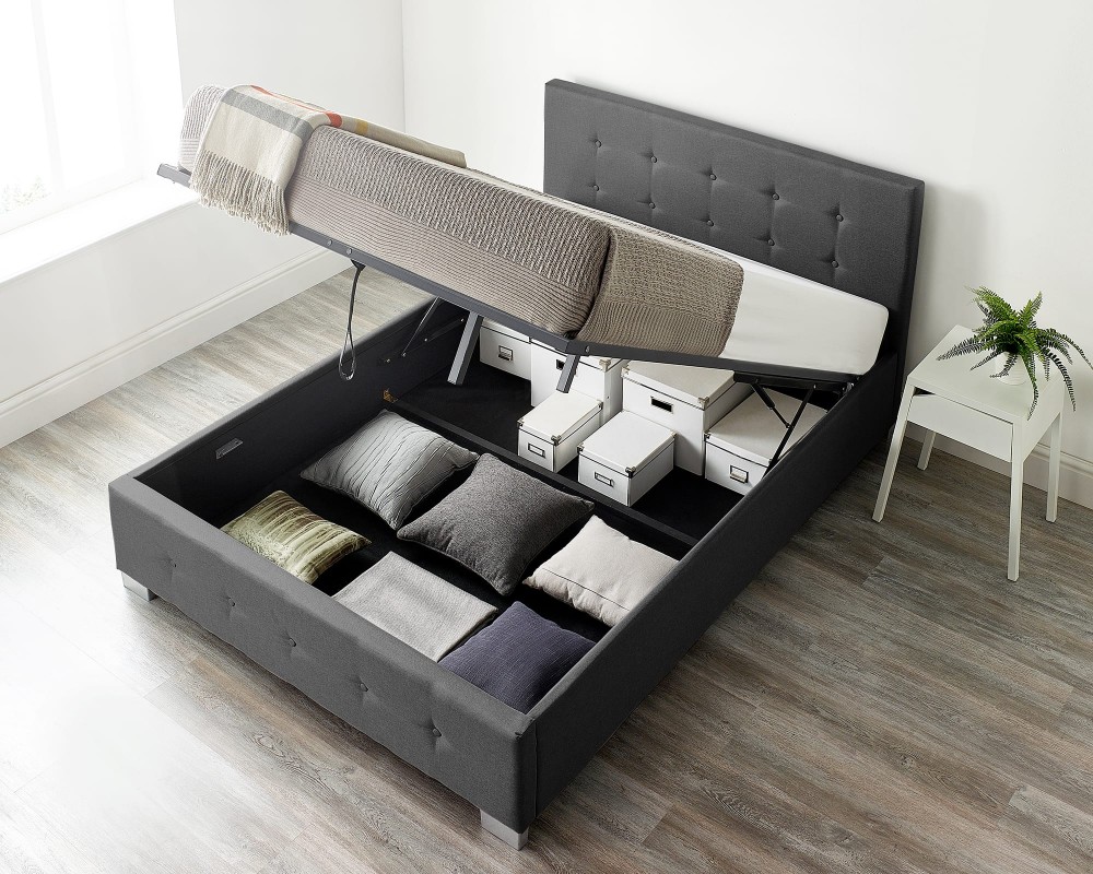 Storage Ottoman Bed Available in Linen Black fabric top view front opening