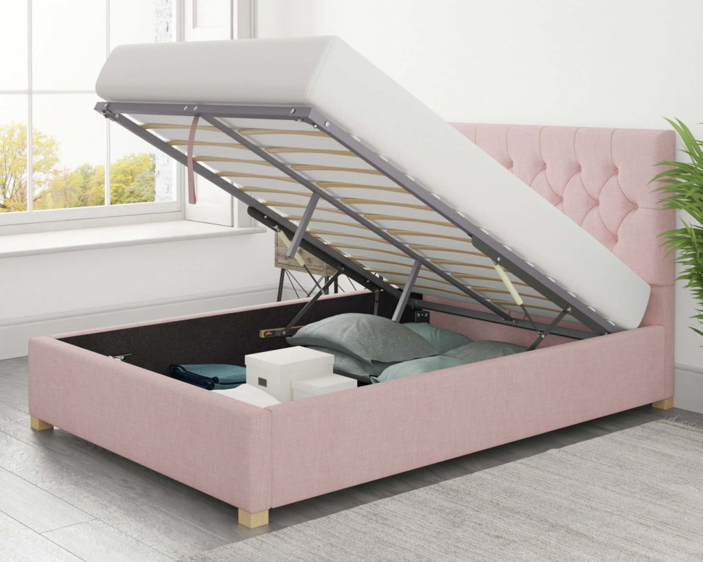 Olivier Fabric Ottoman Bed plush Velvet pink colour front lift